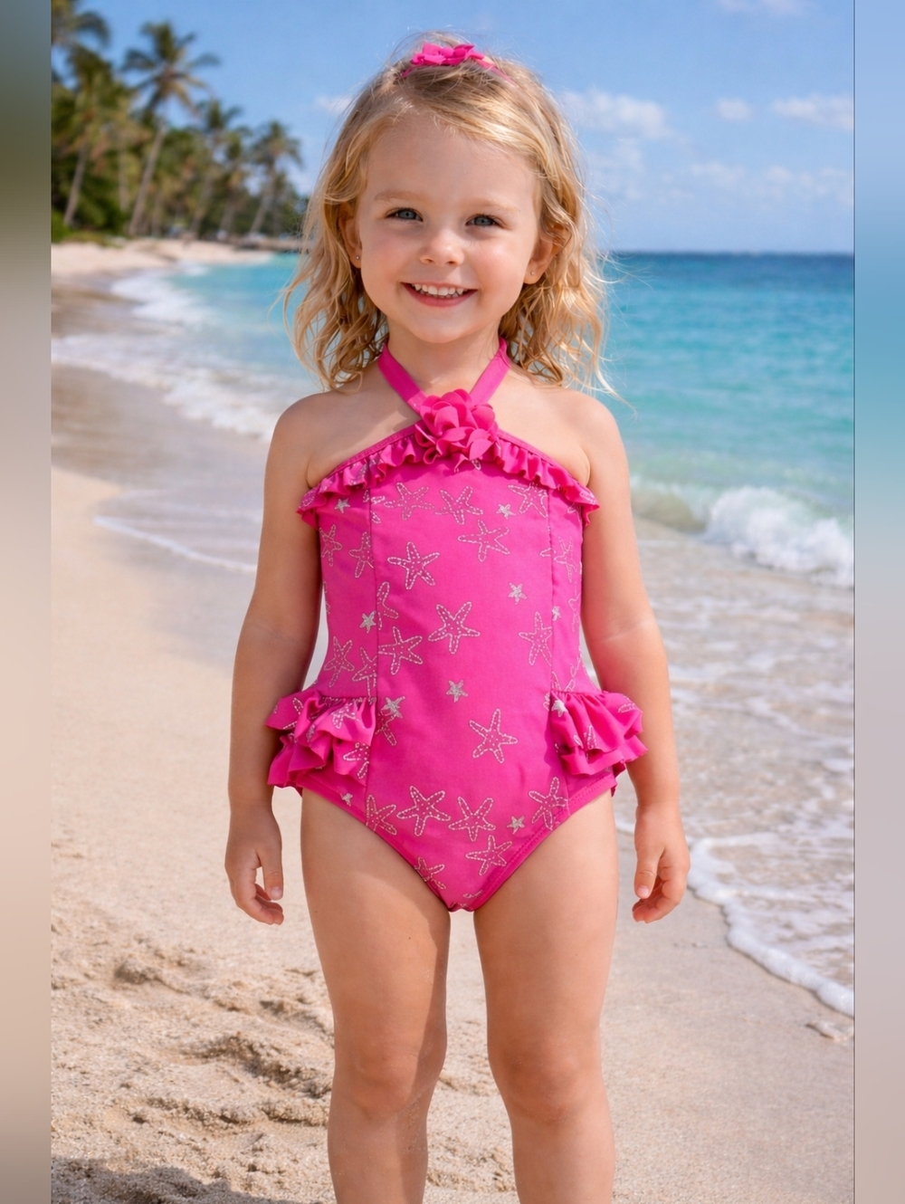Gymboree Girls Pink Starfish One Piece Swimsuit Size 4T NWT UPF 50+ Ruffle Halte